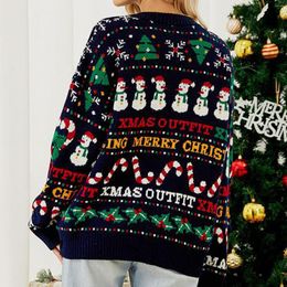 Women's Sweaters Women Crochet Pullovers Loose Fit Christmas Tree Snowman Pattern Navy Blue Jumpers Long Sleeve Casual Crew Neck Vacation