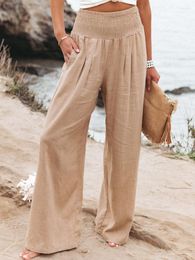 Women's Pants Loose Women Summer 2023 Solid Wide Leg Pant With Pockets Woman Clothes Cotton Linen Fashion Pleated Elastic Waist Trouser