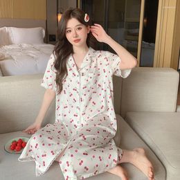 Women's Sleepwear Summer Women Print Sleepshirt Home Dress Silky Satin Nightshirt Morning Gown Turn Down Collar Shirt Loungewear