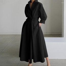 Casual Dresses Elegant Women Spring Sundress Lapel Neck Long Sleeve Black Dress 2023 Solid Shirt OL Vestidos Robe Femme Streetwear