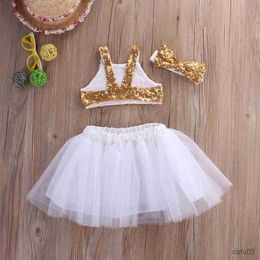 Clothing Sets Princess Newborn Baby Girl Summer Clothes Set Sequin Crop Tops+Tulle Dress Skirts Headband 3Pcs Children Clothing Sets R230815