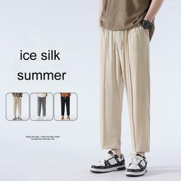 Men's Pants Summer Loose Ankle Length Men Cool Thin Drawstring Cosy Korean Solid Ice Silk Casual Harun Sport Trousers Male