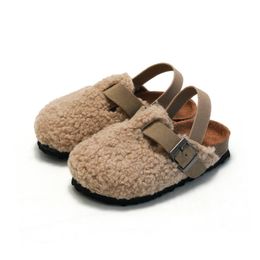 Slipper Child Baby Boys Girls Warm Fuzzy Plush Sandals Cork Faux Fur Flats Toddler Prewalker Elastic Back Strap 230815