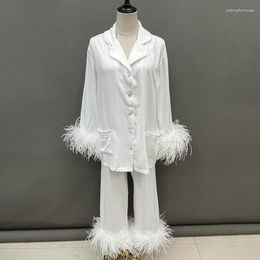 Women's Sleepwear Women Big Feather Pajamas Sets 2023 Spring Summer Lady Natural Ostrich Suit S5385