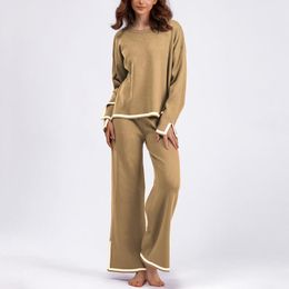 Women's Two Piece Pants Autumn Winter Loose Long Sleeve Knitwear Bell Bottoms Suit Knitted Two-Piece Solid Casual Suits