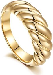 Chunky Croissant Dome Ring, Braided Twisted Rope Signet Ring, 14K Gold Plated Stacking Band Rings for Women Girls