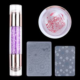 Double Sided Nail Stamper Stamping Plate Set Templates Jelly Silicone Stampers Crystal Handle Nail Art Stamp Image Stencil Tools E167