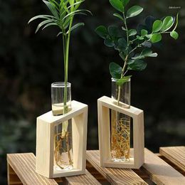 Vases Hydroponic Plant Transparent Glass Test Tube Vase With Wooden Frame Green Plants Flower Pot Home Decoration