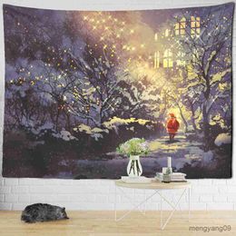 Tapestries Christmas Snowy Night Travel Map Tapestry Wall Hanging Forest House Illustration Home Living Room Decor R230815