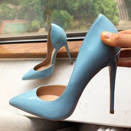 Light Blue Brand Shoes Shinny Red Bottom Women Patent D'Orsay Side Cut Pointy Toe High Heel Shoes Elegant Ladies Basic Slip On Dress Stiletto Pumps
