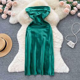Casual Dresses Summer Fashion Solid Strapless Satin Dress For Women Elegant Sexy Sleeveless Open Back Slim High Waist Midi Party Bodycon