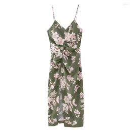 Casual Dresses Woman Elegant Green V Neck Printing Sling Dress 2023 Summer Ladies Chic Asymmetrical Floral Midi Female Slim Linen