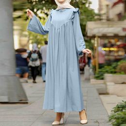 Ethnic Clothing Muslim Maxi Dresses For Women Arabian Simple Stand Collar Skirt Elegant Dubai Turkey Arabic Islamic Ruffled Edge Dress