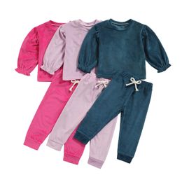 Clothing Sets Cool Little Baby Girl Set Solid Colour Round Neck Elastic Long Sleeve Cuff Elastic Waist Drawstring Pants Kids Clothing