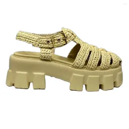 Sandals 2023 Summer Women Lafite Straw Weave Platform Thick Sole Roman Shoes Fashion Round Toe Buckle