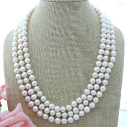 Chains 19'' 8-9MM 3 Strands White Pearl Necklace CZ Clasp For Woman Gift