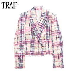 Womens Suits Blazers TRAF Plaid Tweed Blazer Women Textured Cropped Jacket Double Breasted Long Sleeve Button for 230815