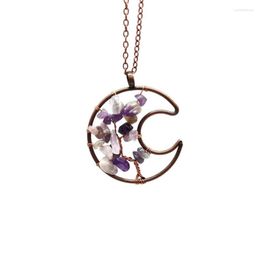 Pendant Necklaces FYJS Unique Jewellery Copper Wire Wrap Tree Of Life Crescent Moon Amethysts Stone Link Chain Necklace