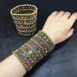Charm Bracelets Classic Fashion Elastic Wide Bracelets Retro Punk Exaggerated Five Row Crystal Retractable Woven Beaded hand decoration 230814