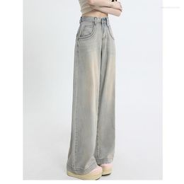 Women's Jeans Real S Cotton 2023 Summer Pants Baby Blue High Street Loose Straight Mop Wide Leg
