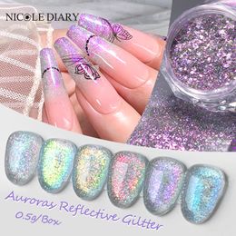 Nail Glitter 1 Box Aurora Powder Flakes Irregular Sparkly Gradient Sequins Gel Polish Chrome Reflective Pigment Decoration 230814