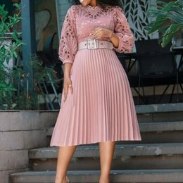 Casual Dresses A Lin Plus Size Women Clothing Fashion Elegant Cutout Lace Belt Midi Pleated Skirt Vestidos Mujer Primavera Verano Party