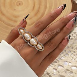 Elegant French Style Pearls Double Finger Rings for Women Bridal Wedding Promise Ring Party Jewelry Gift