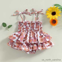 Girl's Dresses Infant Baby Girls Romper Dress Tree/Flower Print Sleeveless Tie-Up Strap Ruched Ruffles Sling Jumpsuit with Headband R230815