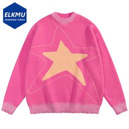 Men's Sweaters Star Sweaters Y2K Oversized Knitted Sweater Men Autumn Winter Jumpers Pullovers Harajuku Streetwear Hip Hop Sweater Pink 230814