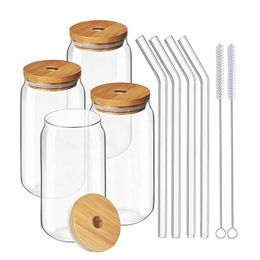 CA/USA Warehouse hot sale beer can-shaped water cup 16 oz glass with bamboo lid and straw for smoothies, boba tea, water