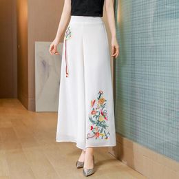 Women's Pants High Waist Chiffon Wide Leg Pant Women Summer Loose Casual Elegant Vintage Floral Embroidery Trousers Chinese Style Female