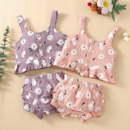 Clothing Sets 0-4Y Summer Cute Baby Girls Clothes Sets 2pcs Sunflowers Printing Sleeveless Ruffles Vest Tops+Shorts