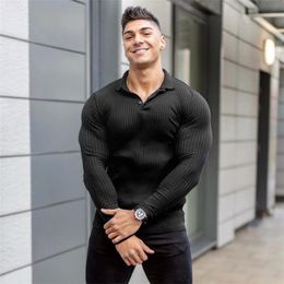 Mens Polos Spring Autumn Fashion Men Long Sleeve Knitted Polo Shirt Fitness Clothing Slim Fit Strips Tshirt Male Brand Gym Tees Tops 230815