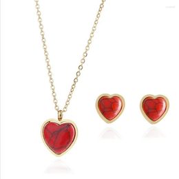 Necklace Earrings Set FYSL Gold Colour Stainless Steel Love Heart Red Turquoises Stone Pendant Stud Romantic Jewellery