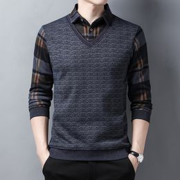 Men's Sweaters Winter Fashion Sweater Fleece Thickened Knitted Men Clothing Fake Two Piece Shirt Warm Knitwear MY740 230814