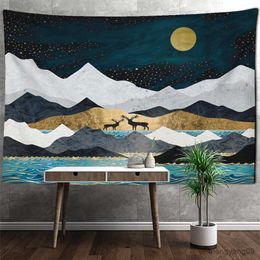 Tapestries Golden Moon Bay Tapestry Wall Hanging Art Landscape Painting Abstract Aesthetics Room Home Decor R230815