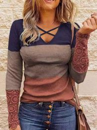 Women's T Shirts Vintage Y2k Lace Splicing Casual Blouse Long Sleeve Top Colour Block Tunic Criss-Cross V Neck T-shirts Hollow Out Button