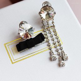 Dangle Earrings Fashion Black Bowknot Large Crystal Fringe Asymmetrical Long Diamond Ear Clip For Women Designer Brand Jewelry Trend