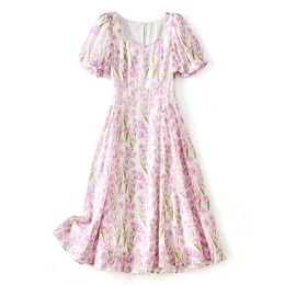 2023 Summer PurpleFloral Print Dress Short Sleeve Square Neck Midi Casual Dresses W3L043604
