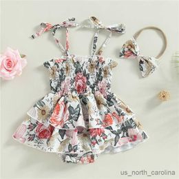 Girl's Dresses Infant Clothing Baby Girls Romper Dress Set Floral Print Summer Ruched Sleeveless Jumpsuits Playsuit and Headband R230815