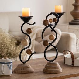 Candle Holders Elegant Wooden Base Holder With Metal Iron Pillar And Decorative Beads