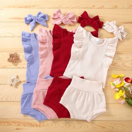 Clothing Sets Colours Infant Baby Girls Boys Clothes Sets 3pcs Solid Flying Sleeve Tops Shorts Hairband Set 0-24 Months