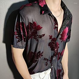 Men's Casual Shirts 2023 Top Blouse Social Club Outfits Party Designer Shirt Fashion Velvet Flower Men Transparent Short Sleeve Sexy Red