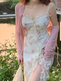 Casual Dresses Vintage Midi Evening Elegant Sexy French Floral Sleeveless Strap Party One Piece Dress Women Korean Summer 2023 Clothes