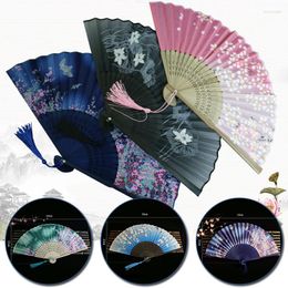 Decorative Figurines Silk Folding Fan Vintage Retro Chinese Japanese Bamboo Tassel Dance Hand Home Decoration Ornament Craft