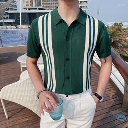 Men's Polos Summer Contrast Striped Cardigan T-shirt Man Short Sleeve Polo Shirt Men Lapel Knitted Casual Camisa Hombre 4XL