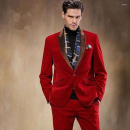 Men's Suits Autumn Winter Black Red Velvet Man Suit Slim Fit 2 Piece Men Wedding Prom Dinner Ribbon Lapel Groom Tuxedo Casamento Terno