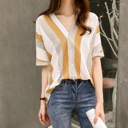 Women's Blouses Women V-neck Casual Striped Shirt Loose Polyester Half Sleeved T-shirt Basic With Buttons Fashionable Top Camisas De Mujer