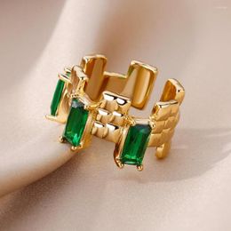 Wedding Rings Ins Unisex Small Rectangle Green Stone For Women Men Silver Gold Color Zircon Bands Adjustable Couple Jewelry Gift