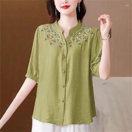 Women's Polos Fashion Large Embroidered Cotton Top Short Sleeve Summer T-Shirt Female Fashiona Shirt Loose Sky Silk Button